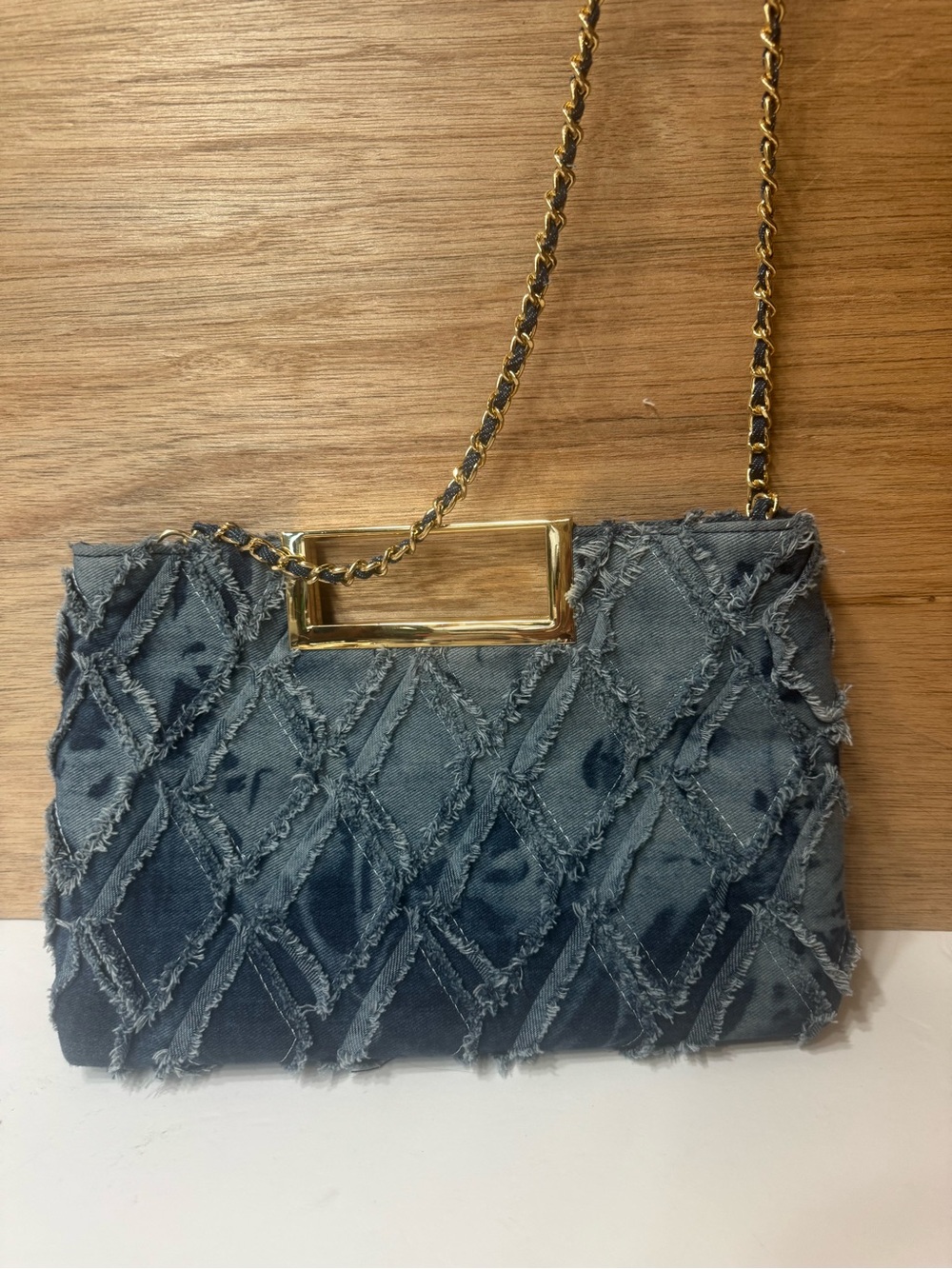 Denim Quilted Clutch  and crossbody with Gold Handle - Picture 5 of 11